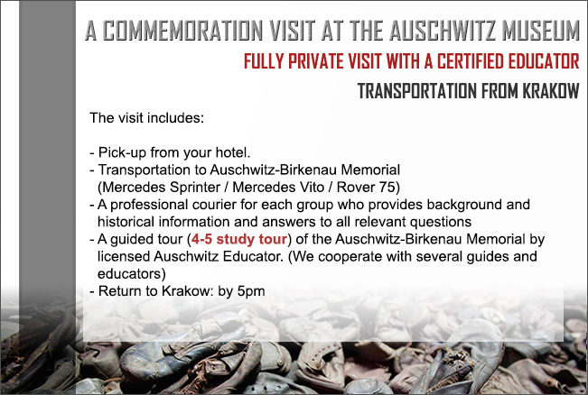 The visit includes: - tours that leave at 9am from the JCC (Jewish Comunity Centre) or   pick-up points at your hotel*. - Transportation to Auschwitz-Birkenau Memorial   (Mercedes Sprinter lux. version) - A professional courier for each group who provides background and  historical information and answers to all relevant questions- A guided tour (4-5 study tour) of the Auschwitz-Birkenau Memorial by   licensed Auschwitz Educator. (We cooperate with several guides and   educators)- Return to Krakow: by 5pm